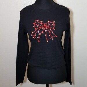 Electric Pink Womens S Embroidered Christmas Bow Lights Long Sleeve Shirt NWT